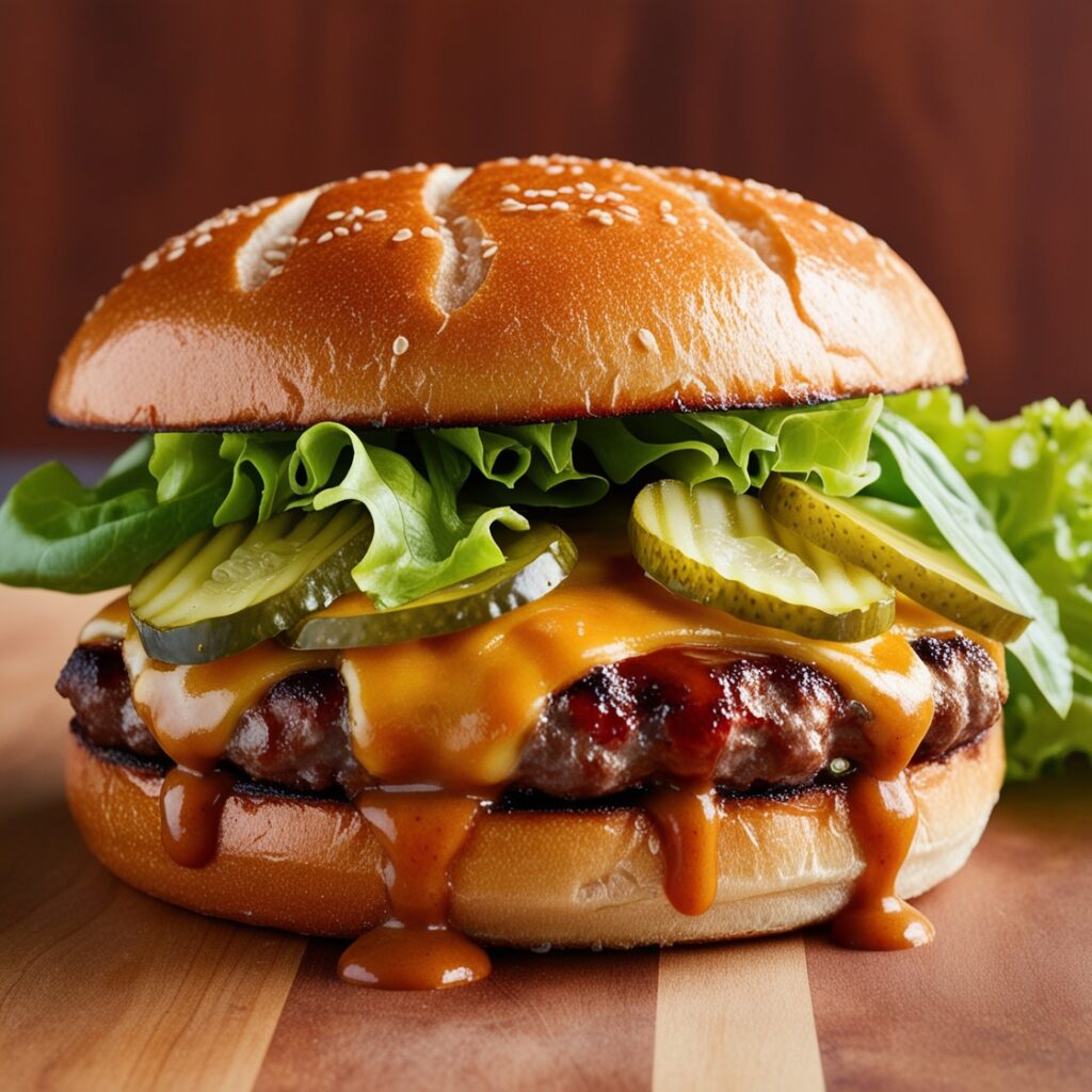 Close-up of a homemade smash burger with a juicy beef patty, crispy edges, melted cheese, and fresh toppings of lettuce and pickles. Served on a toasted bun, with a few fries on the side, set on a rustic wooden board with natural lighting highlighting the rich textures.