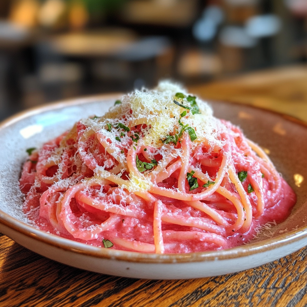 Close-up of pasta coated in a creamy pink sauce, served in a white ceramic bowl, garnished with fresh basil leaves and a sprinkle of grated Parmesan. The bowl is set on a rustic wooden table with natural light highlighting the rich texture of the sauce, creating a warm and inviting, homemade feel.