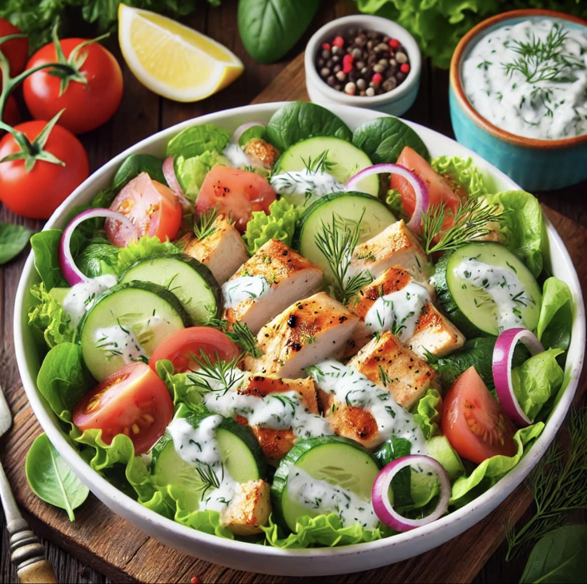 A vibrant plate of Tzatziki Chicken Salad featuring tender, grilled chicken slices atop a bed of fresh mixed greens. The salad is garnished with diced cucumbers, halved cherry tomatoes, thinly sliced red onions, and drizzled with creamy tzatziki sauce. Fresh dill and lemon wedges are placed on the side for added flavor, creating a refreshing and colorful presentation.