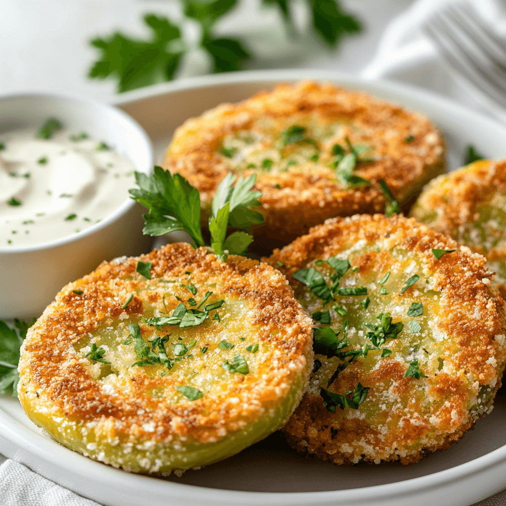 A plate of fried green tomatoes with a crispy golden crust, garnished with fresh herbs, served alongside a small bowl of creamy dipping sauce on a white plate. The vibrant green interior of the tomatoes and the light, minimalistic background enhance the presentation.
