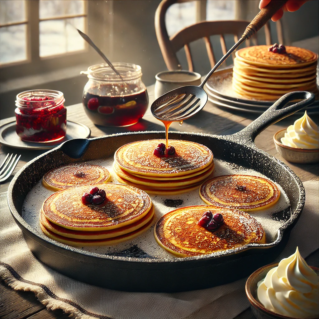 Traditional Swedish pancakes cooking in a cast iron Swedish pancake pan with multiple shallow wells. The thin, golden-brown pancakes are being prepared in a cozy kitchen setting, surrounded by whipped cream, lingonberry jam, and a dusting of powdered sugar, with natural morning light streaming in.