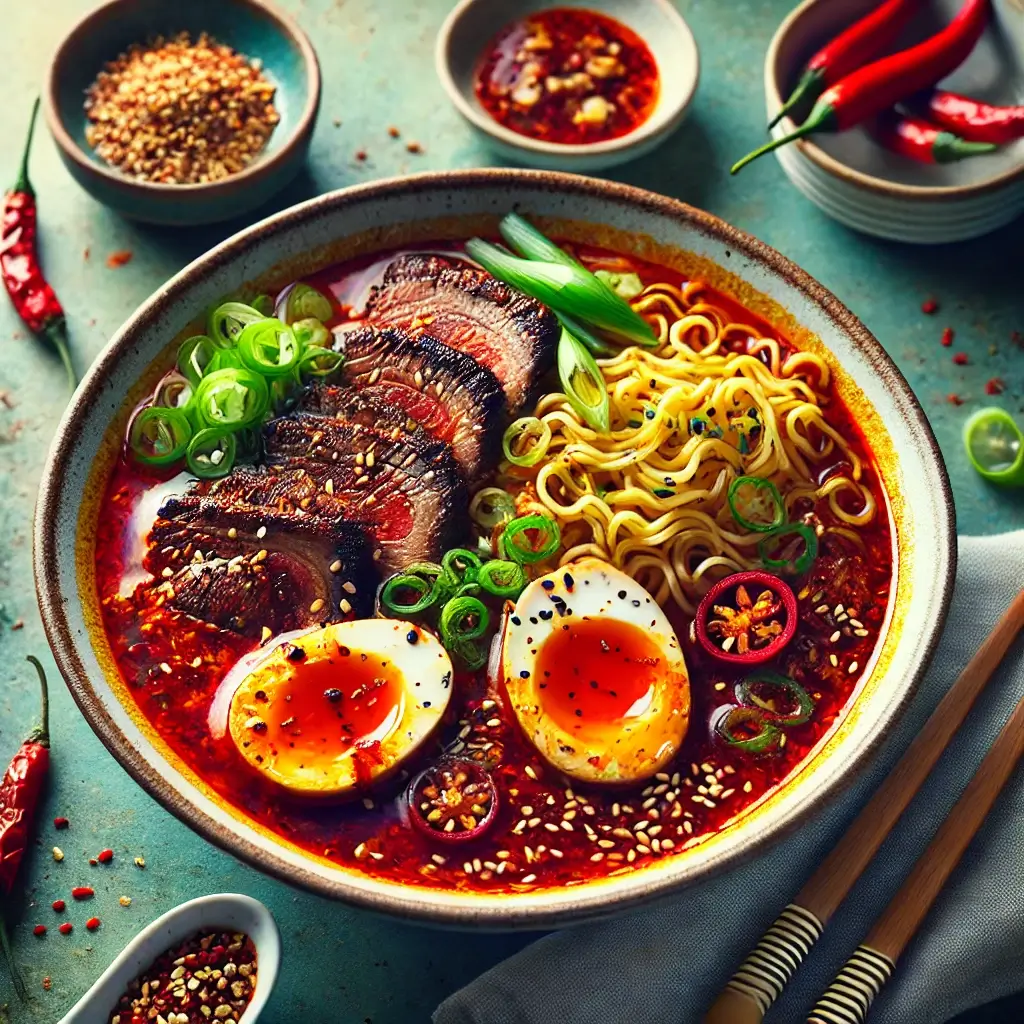 A steaming bowl of spicy ramen noodles with a rich red chili-infused broth, topped with tender beef slices, a soft-boiled egg, scallions, sesame seeds, and a drizzle of chili oil. The noodles are perfectly curled and soak up the flavorful broth, presented on a modern table with chopsticks resting on the bowl and a small side dish of pickled vegetables nearby. The vibrant colors and textures create a warm and appetizing scene.