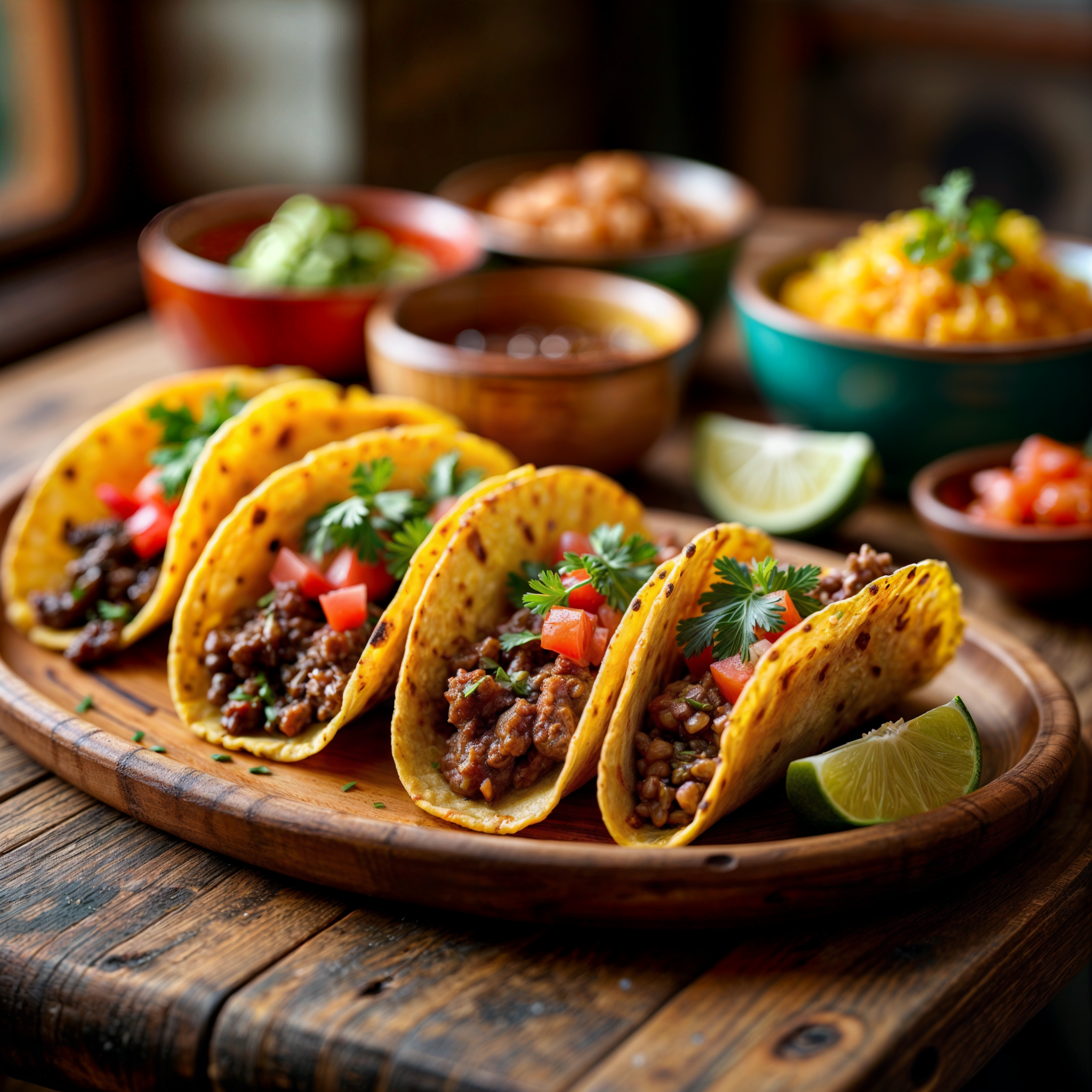 A colorful and inviting Tex-Mex dinner spread inspired by Taco Cabana, featuring tacos filled with seasoned beef, fresh tortillas, and toppings like cilantro, tomatoes, and cheese, with sides such as refried beans, Spanish rice, and guacamole, presented in a rustic and homely style.