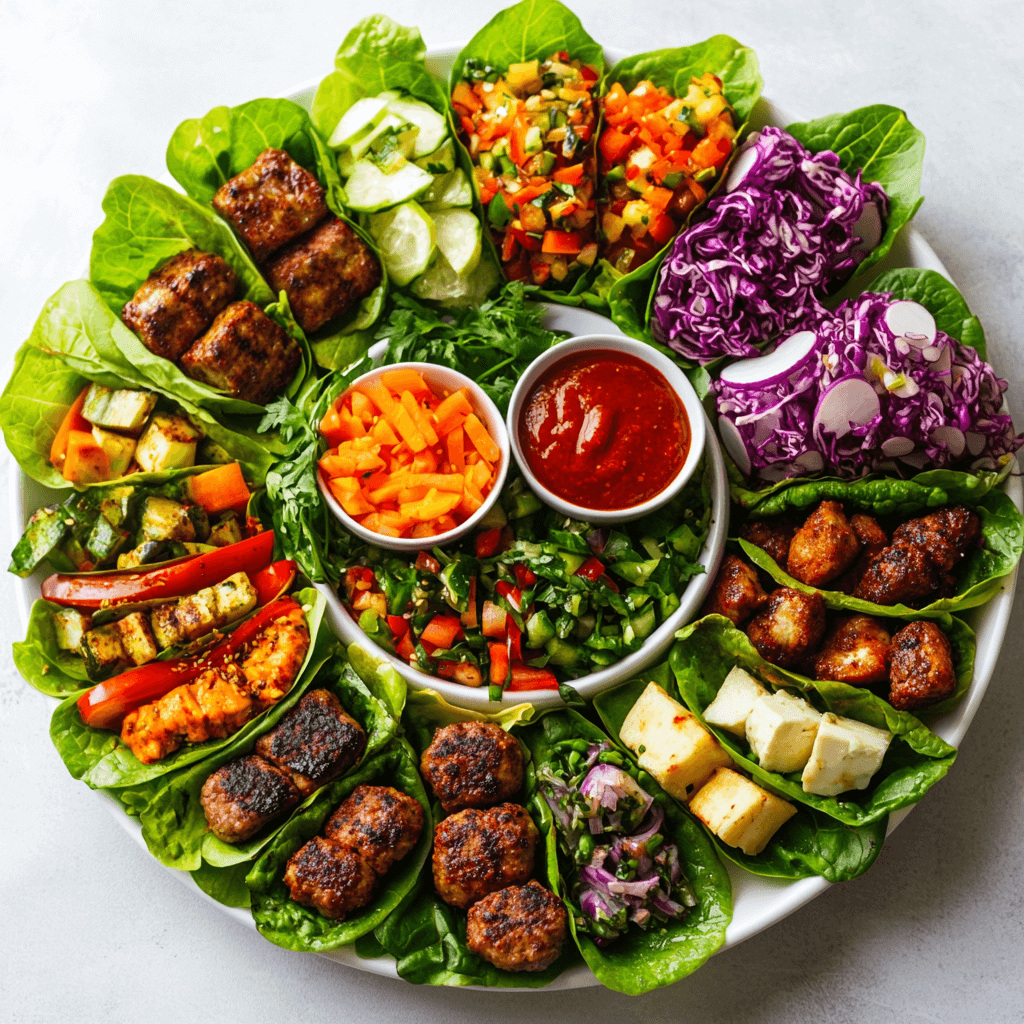 A vibrant platter of lettuce wraps featuring diverse variations, including a burger-style wrap with a juicy patty, an Italian-inspired wrap with deli meats and cheese, and an Asian-style wrap with tofu and colorful vegetables. Each wrap is placed on fresh, crisp lettuce leaves and garnished with herbs, accompanied by small bowls of dipping sauces.