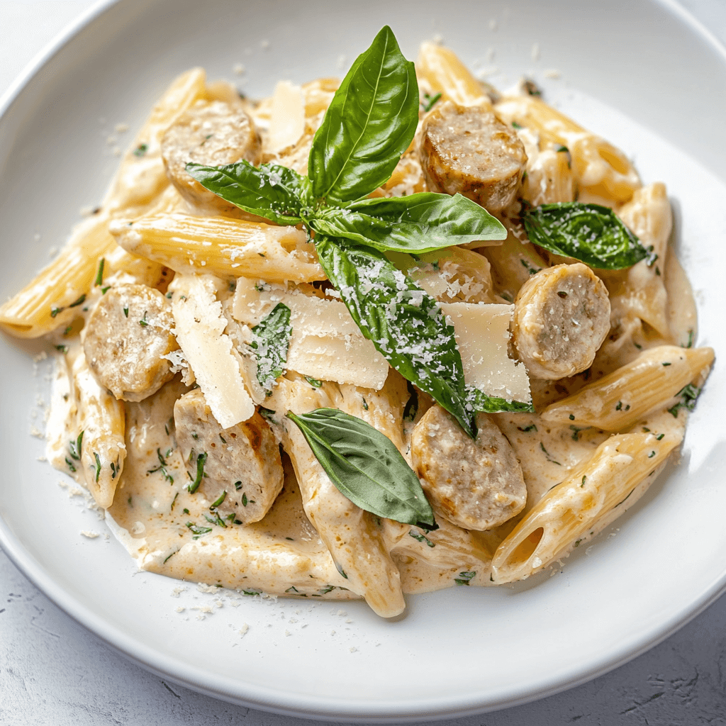 A plate of creamy chicken pasta featuring tender chicken sausage slices, al dente pasta coated in a rich cream sauce, garnished with fresh basil leaves and grated Parmesan, presented on a sleek white plate with soft, natural lighting.