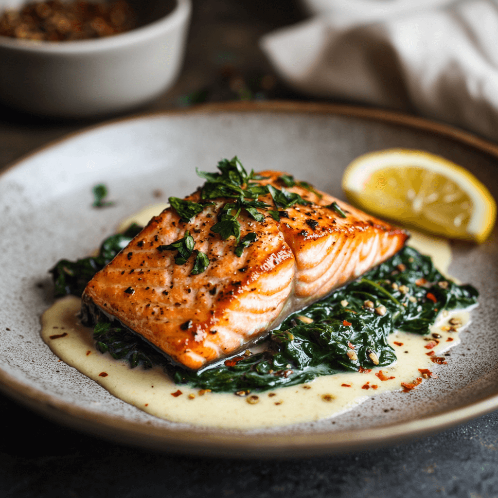 A perfectly seared salmon fillet resting on a bed of creamy spinach, garnished with fresh herbs and a lemon wedge, served on a rustic wooden table with warm, inviting lighting.