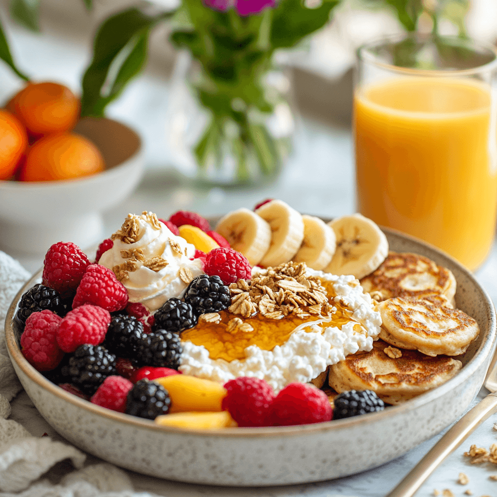 A vibrant and healthy cottage cheese meal featuring a cottage cheese breakfast bowl topped with fresh berries, granola, and a drizzle of honey. Beside it are fluffy cottage cheese pancakes garnished with sliced bananas and whipped cream. The table is set with a glass of orange juice and a small vase of flowers, creating a bright and inviting atmosphere.