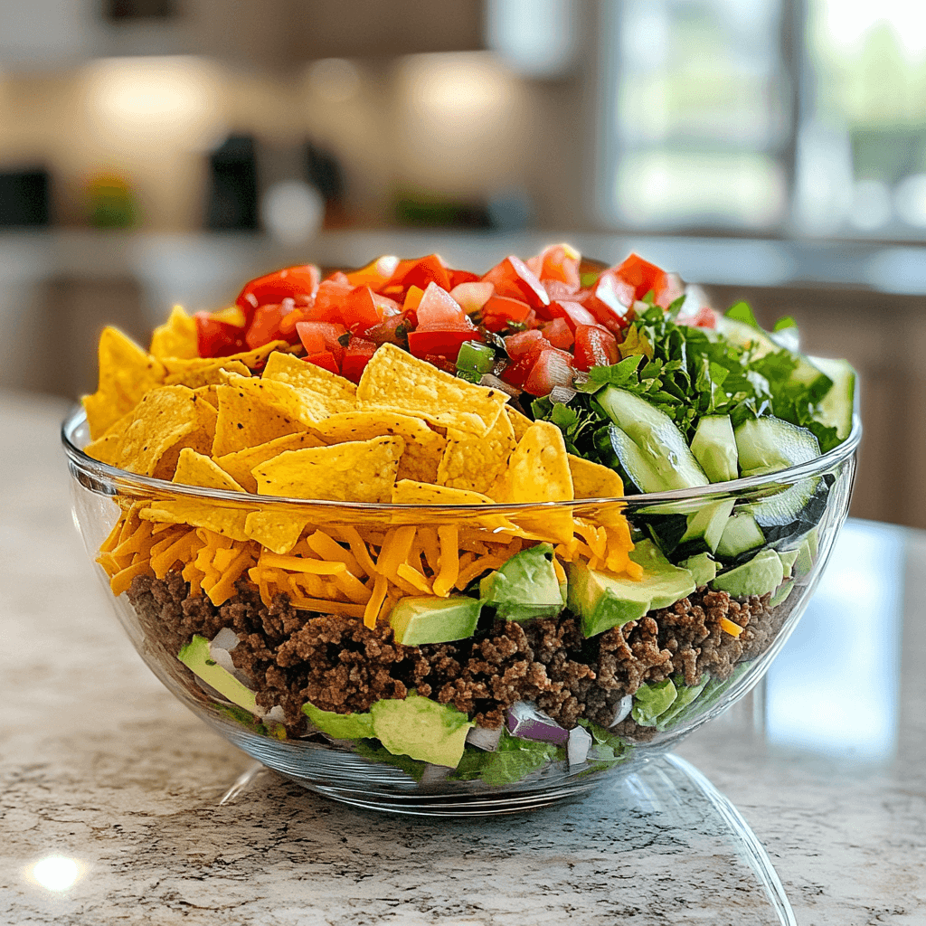 7 layer taco salad with ground beef in a glass bowl, showcasing vibrant layers of lettuce, seasoned beef, refried beans, sour cream, fresh pico de gallo, shredded cheddar cheese, and sliced olives, arranged on a modern kitchen countertop.