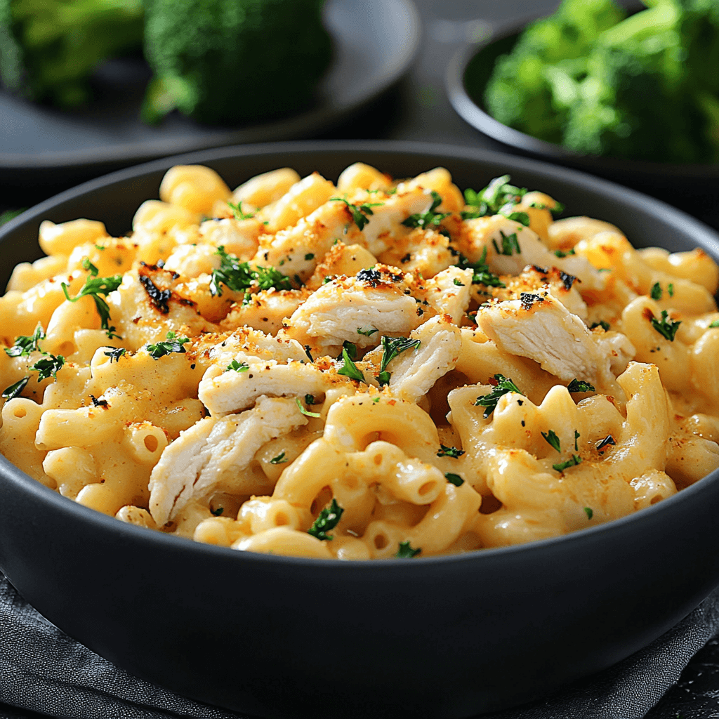 A comforting bowl of creamy protein mac and cheese with perfectly cooked pasta coated in a rich golden cheese sauce, topped with shredded grilled chicken and fresh parsley. The dish is served on a modern dining table alongside a side of steamed broccoli, creating a warm and appetizing presentation.