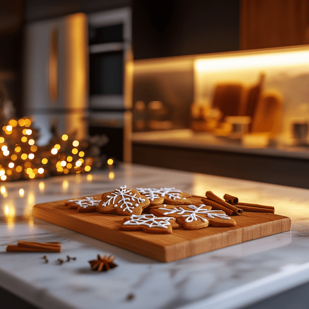 Perfect gingerbread cookies decorated with intricate icing, placed on a wooden cutting board in a modern kitchen with marble countertops, stainless steel appliances, and festive holiday elements like cinnamon sticks and star anise.