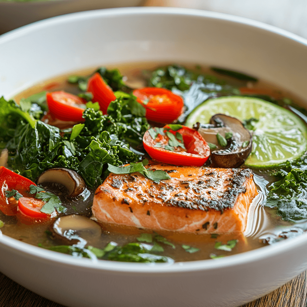 A modern take on sinigang served in a sleek white bowl, featuring a clear tangy broth, grilled salmon, vibrant kale leaves, cherry tomatoes, shiitake mushrooms, and a lime wedge. Garnished with fresh chili slices and cilantro, the dish is a colorful and inviting representation of a contemporary Filipino classic.