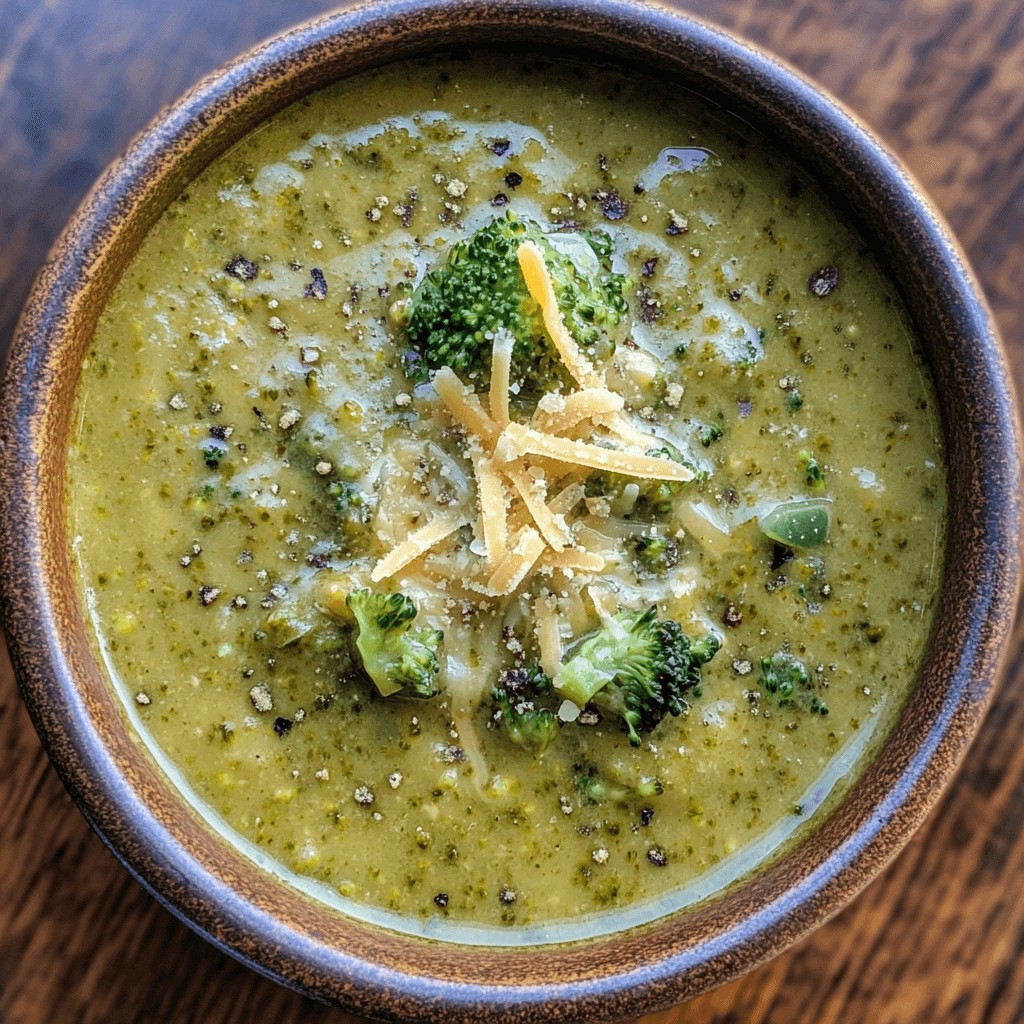 A bowl of natural-looking vegan broccoli cheddar soup, featuring visible chunks of fresh broccoli and a sprinkle of vegan cheese shreds. The soup has a creamy texture with a rich, golden hue, served in a rustic bowl to create a cozy, home-cooked atmosphere.