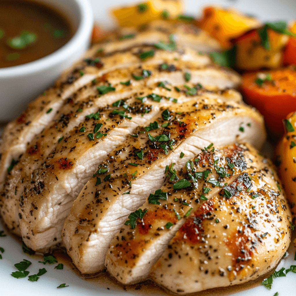 A plate of thinly sliced, golden-brown chicken breasts seasoned with herbs and spices, garnished with fresh parsley. The dish is served with roasted vegetables and a small bowl of dipping sauce, presented on a white plate with soft natural lighting highlighting the juicy texture.