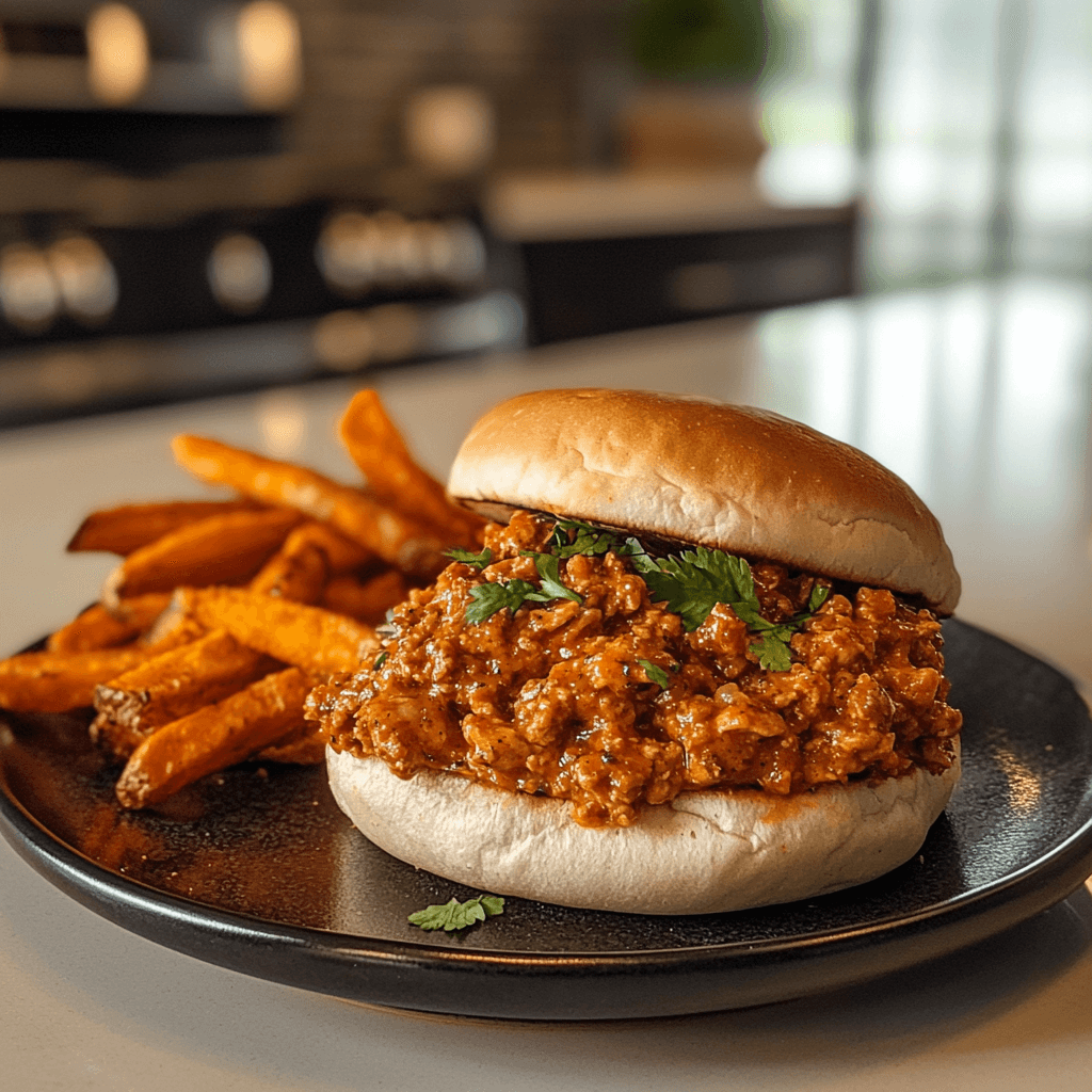 A plate of spicy Cajun chicken sloppy joes served on a soft bun, with rich Cajun-seasoned filling, garnished with fresh herbs, in a sleek modern kitchen setting.