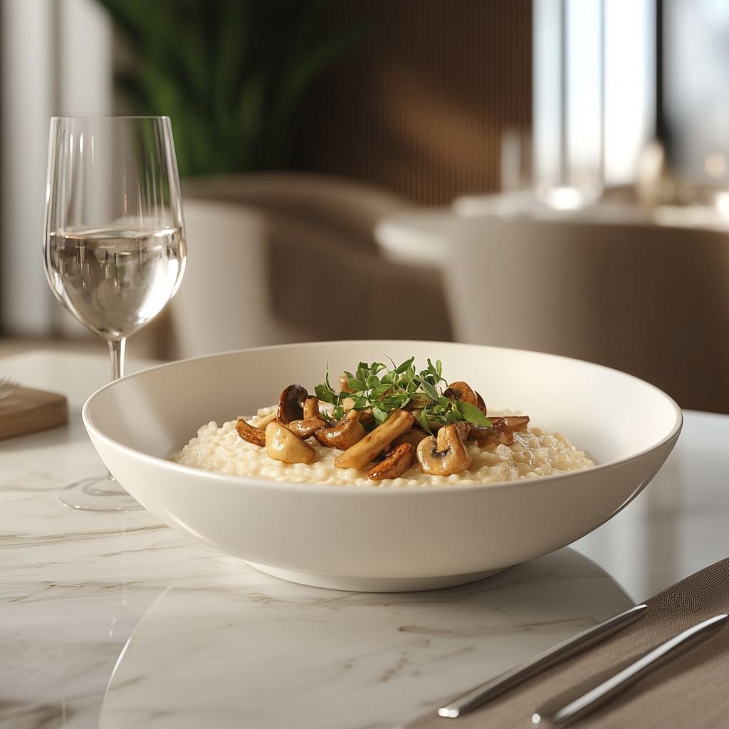 A bowl of creamy mushroom risotto garnished with fresh herbs, placed on a modern dining table with minimalistic design, accompanied by elegant cutlery and a glass of white wine.
