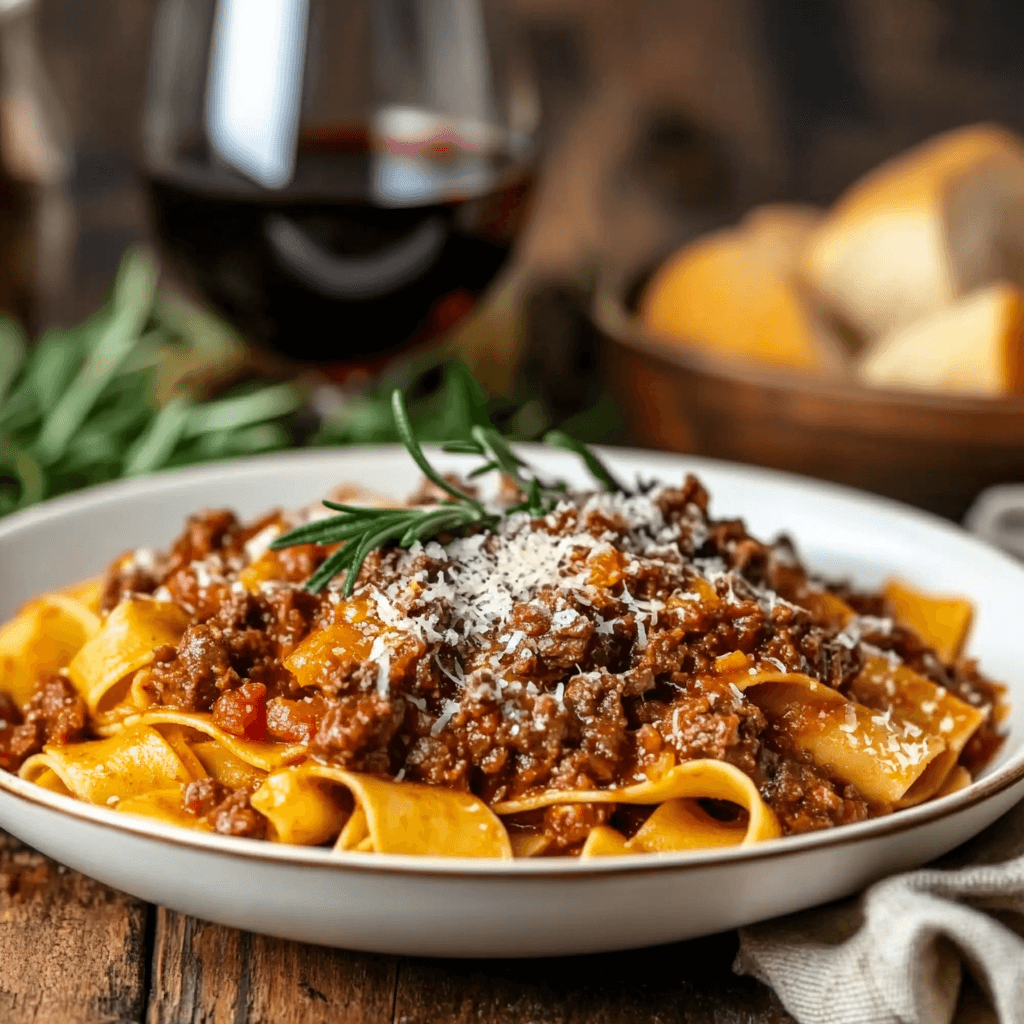 A rustic plate of lamb ragu served over wide pappardelle pasta, featuring tender chunks of lamb in a rich tomato-based sauce. The dish is garnished with fresh rosemary and grated Parmesan cheese, presented on a wooden table with a glass of red wine, a linen napkin, and a bowl of crusty bread in the background, creating a warm and inviting dining scene.