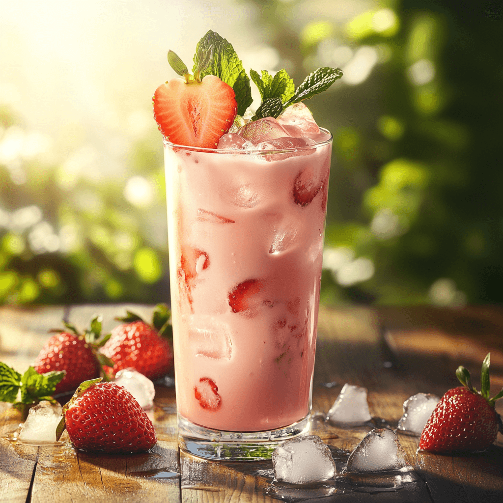 A tall, clear glass filled with a creamy pink drink, topped with fresh strawberry slices and a sprig of mint. The glass is surrounded by ice cubes on a wooden table, with soft natural lighting creating a summery, refreshing ambiance. The vibrant colors and smooth texture of the drink make it visually appealing and inviting.
