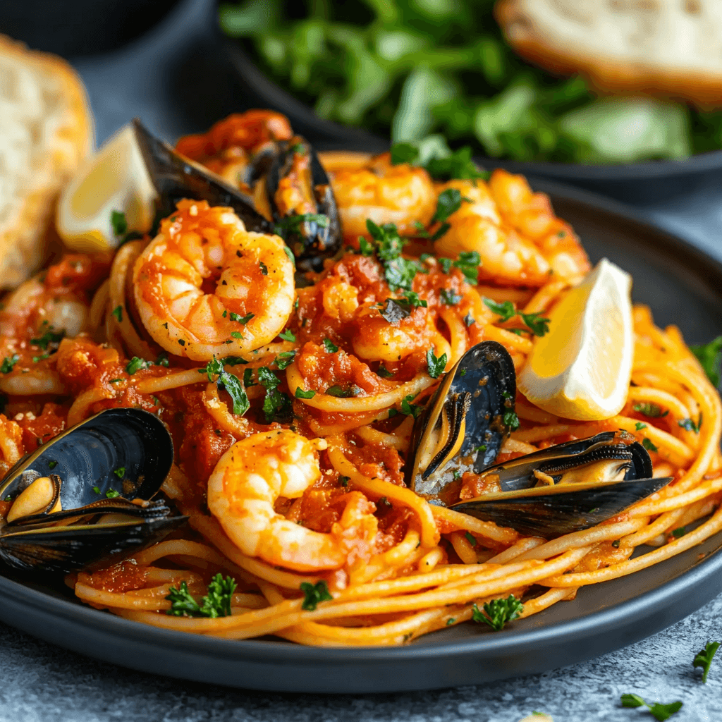 A vibrant plate of seafood pasta featuring spaghetti in a rich tomato sauce, topped with shrimp, scallops, and mussels, garnished with fresh parsley and lemon wedges. The dish is presented on a modern dining table with natural light highlighting its rich colors and textures, accompanied by a fresh salad and a slice of garlic bread in the background.