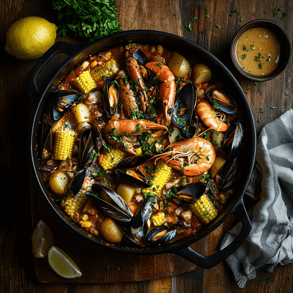 A rustic seafood boil featuring crab legs, shrimp, mussels, corn on the cob, and red potatoes, all coated in a buttery garlic sauce with fresh herbs, served in a rustic pot on a wooden table with lemon wedges and dipping sauce.