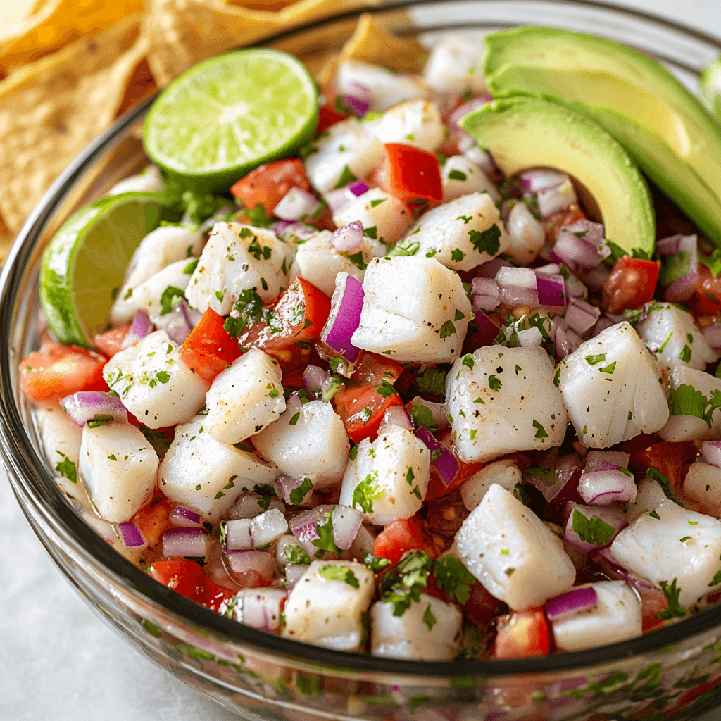 A vibrant dish of ceviche featuring fresh white fish cubes marinated in lime juice, garnished with sliced red onions, diced tomatoes, chopped cilantro, and avocado slices, served in a glass bowl with tortilla chips and lime wedges on the side.
