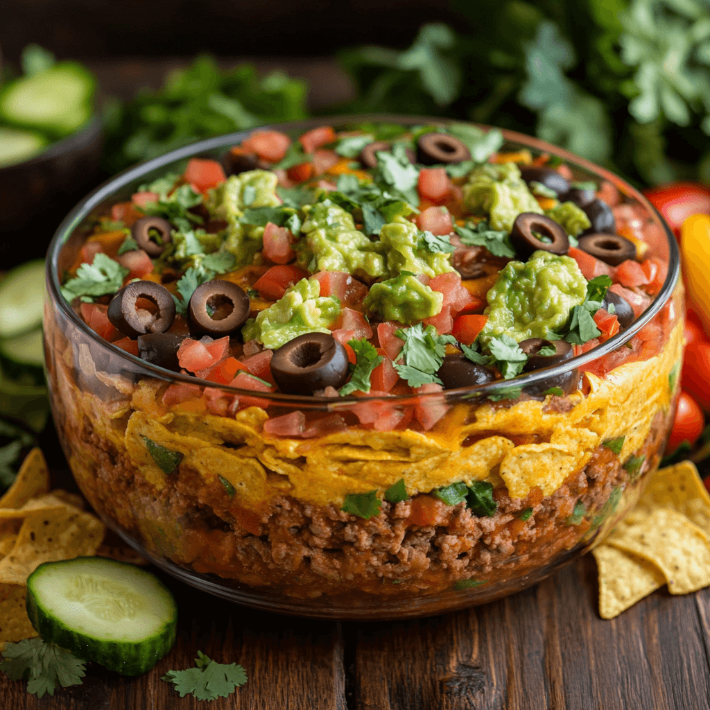 A vibrant seven-layer taco dip in a clear glass dish, featuring layers of refried beans, seasoned ground beef, guacamole, salsa, lettuce, cheddar cheese, and diced tomatoes. Garnished with sliced olives and fresh cilantro, served with tortilla chips and colorful veggie slices on a rustic wooden table.