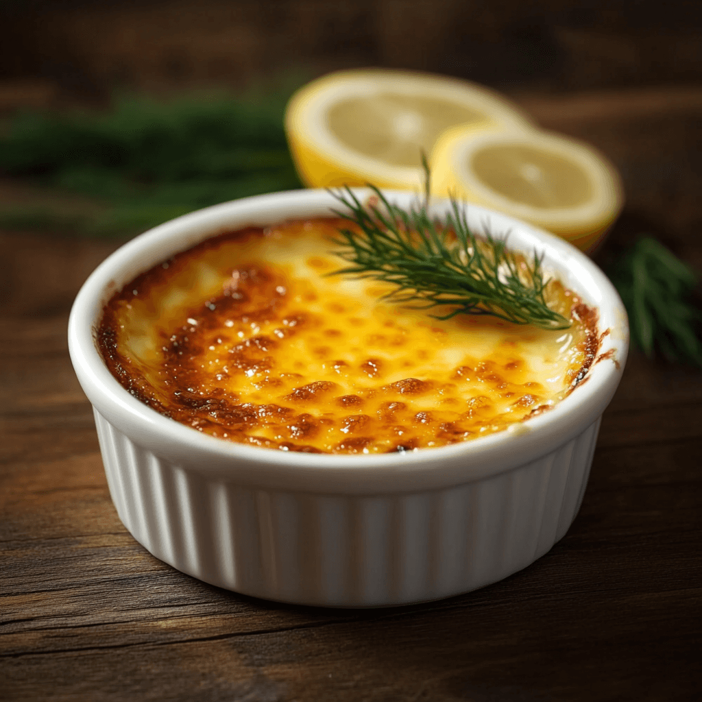 A beautifully presented brulee in a white ramekin placed on a rustic wooden table. The dish features a golden caramelized crust, garnished with a sprig of fresh dill and a slice of lemon on the side. The creamy filling underneath is rich and smooth, adding to the elegant and inviting presentation.