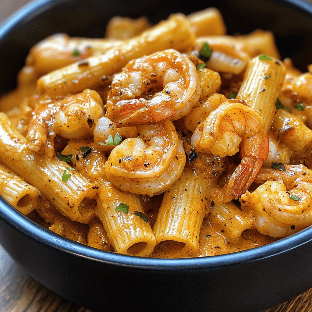 A bowl of creamy Cajun shrimp pasta served on a rustic wooden table. The pasta is coated in a rich, spicy cream sauce, topped with juicy shrimp, slices of smoked sausage, and colorful bell peppers. Garnished with fresh parsley and a sprinkle of Cajun spices, the dish is vibrant and inviting. A fork rests on the side of the bowl, adding a casual, cozy touch.