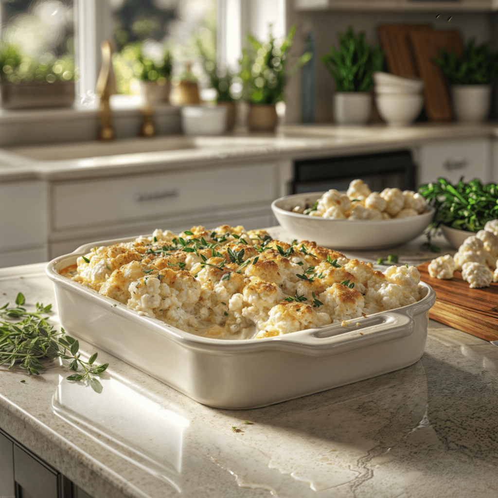 Golden-brown cauliflower casserole in a modern kitchen setting, topped with fresh herbs and breadcrumbs, showcasing a comforting and delicious meal