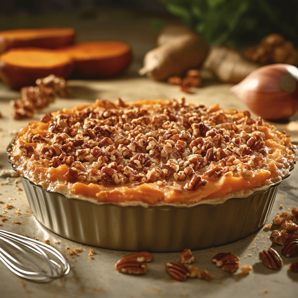 Sweet potato casserole with golden-brown topping and pecans.