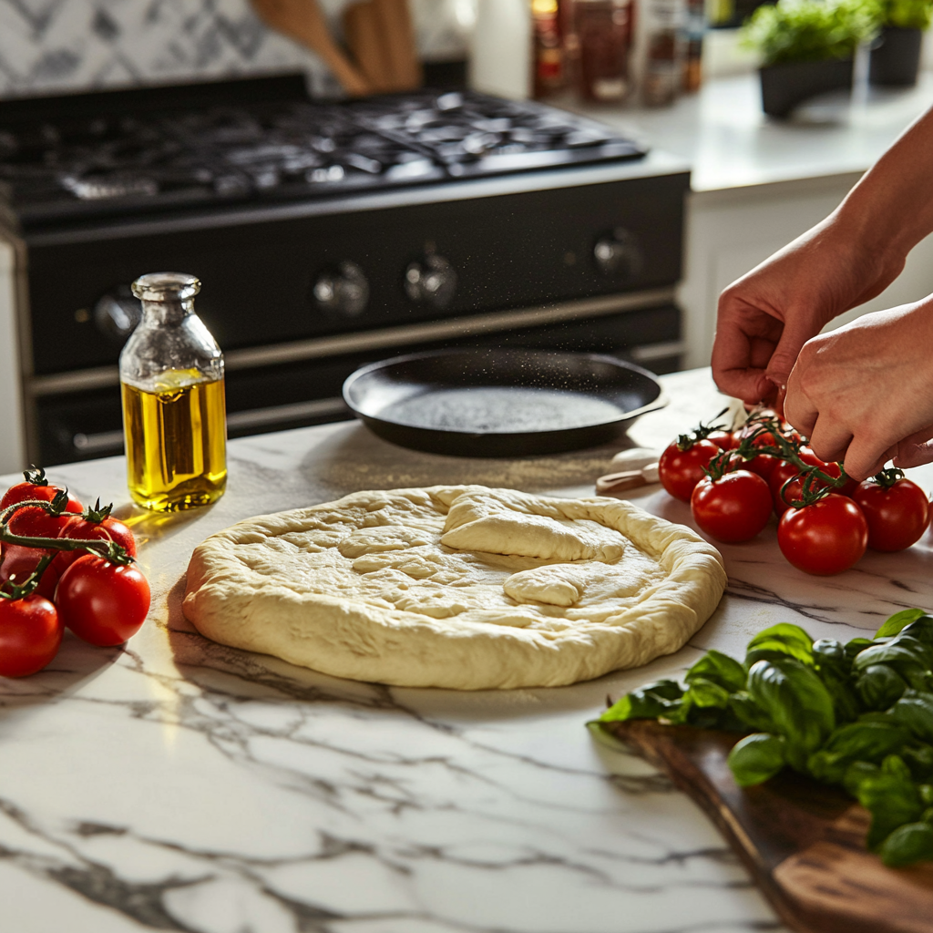 A modern kitchen with a person preparing homemade Italian pizza. The pizza dough is being stretched on a sleek marble countertop, surrounded by fresh ingredients like tomatoes, mozzarella, basil, and olive oil, with a pizza stone in the oven and a cast iron skillet on the stove.