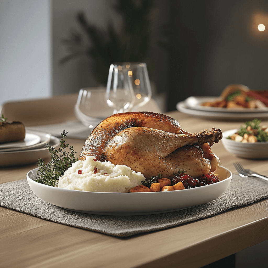 A beautifully roasted golden-brown turkey as the centerpiece, surrounded by festive side dishes including creamy mashed potatoes, roasted vegetables, and cranberry sauce. The table is elegantly arranged with contemporary dinnerware, soft warm lighting, and autumnal accents like fresh herbs, creating a cozy and inviting holiday atmosphere.