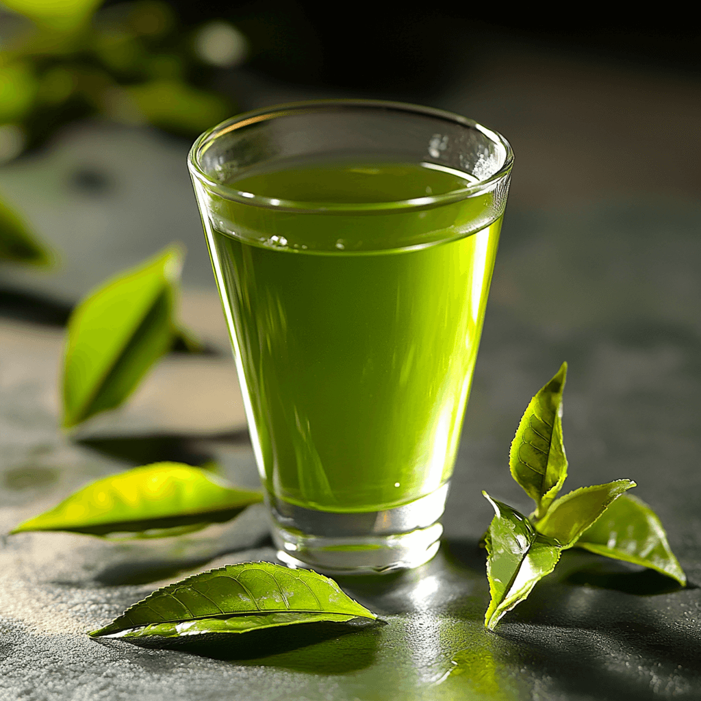 A vibrant and refreshing green tea shot served in a sleek glass, surrounded by fresh green tea leaves, with soft lighting highlighting its vivid green color.
