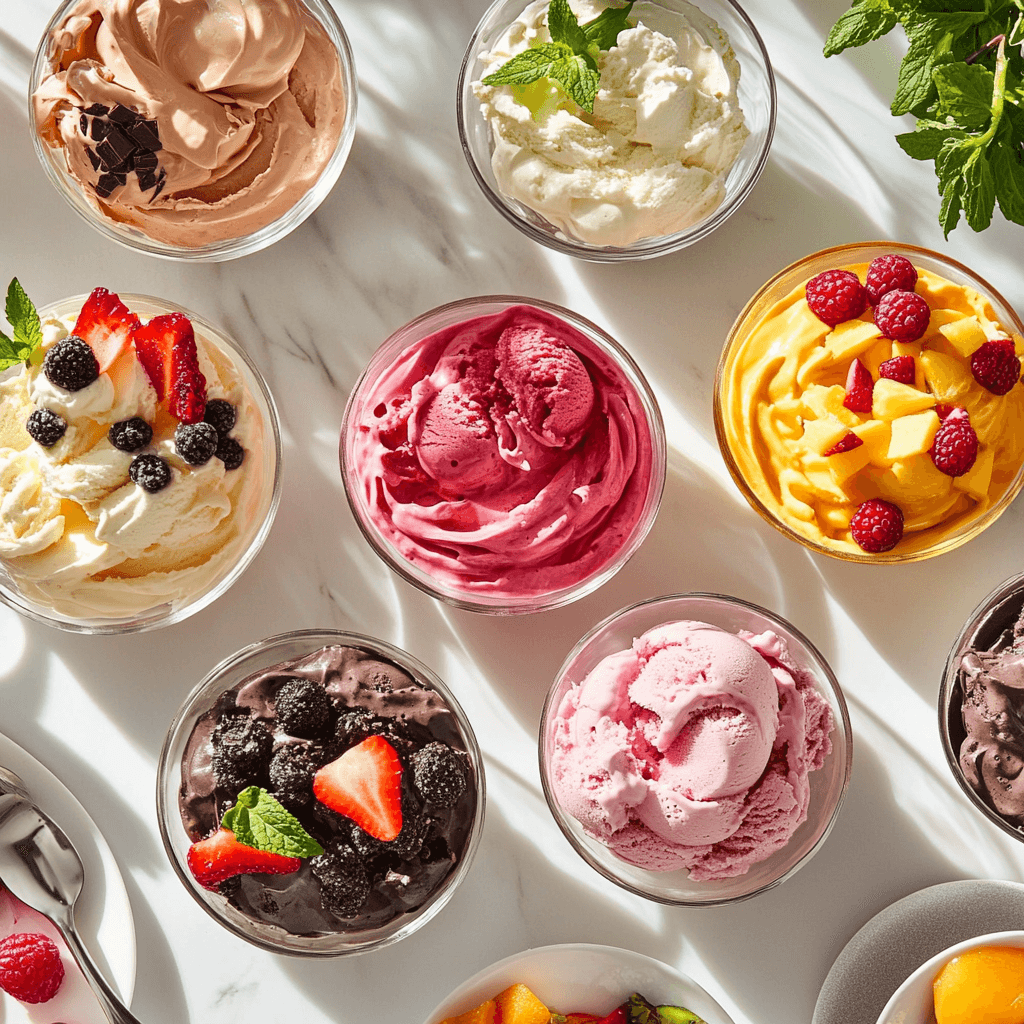 A beautifully arranged dessert spread on a modern dining table featuring a variety of colorful Ninja Creami-inspired treats, including ice creams, sorbets, milkshakes, and smoothie bowls. Each dessert is presented in bowls and glasses, garnished with fresh fruits, mint leaves, and chocolate drizzles. The setup is illuminated by natural light, enhancing the vibrant colors and creamy textures, creating an inviting and indulgent atmosphere.