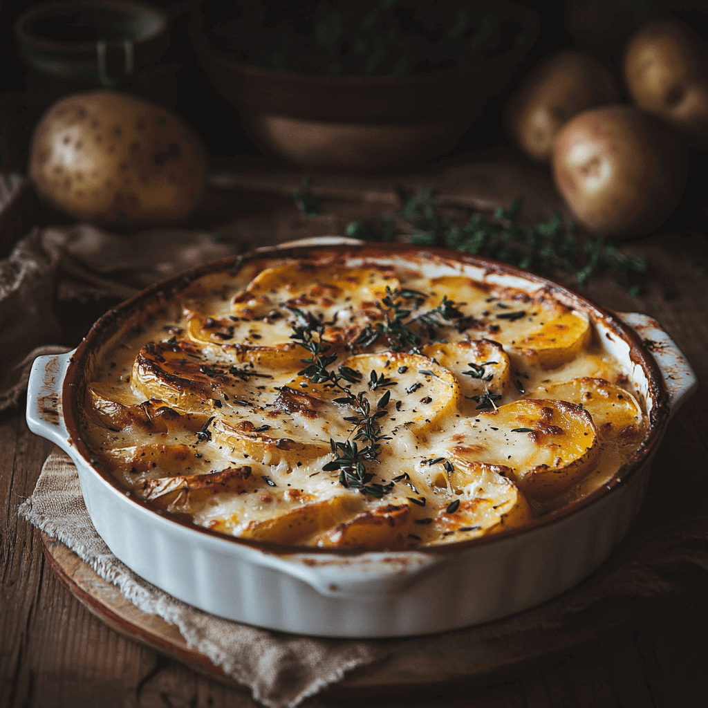 A dish of golden-brown creamy gratin potatoes, garnished with fresh thyme, featuring tender layers of potatoes and sweet potatoes topped with melted cheese, served in a rustic ceramic dish on a wooden table.