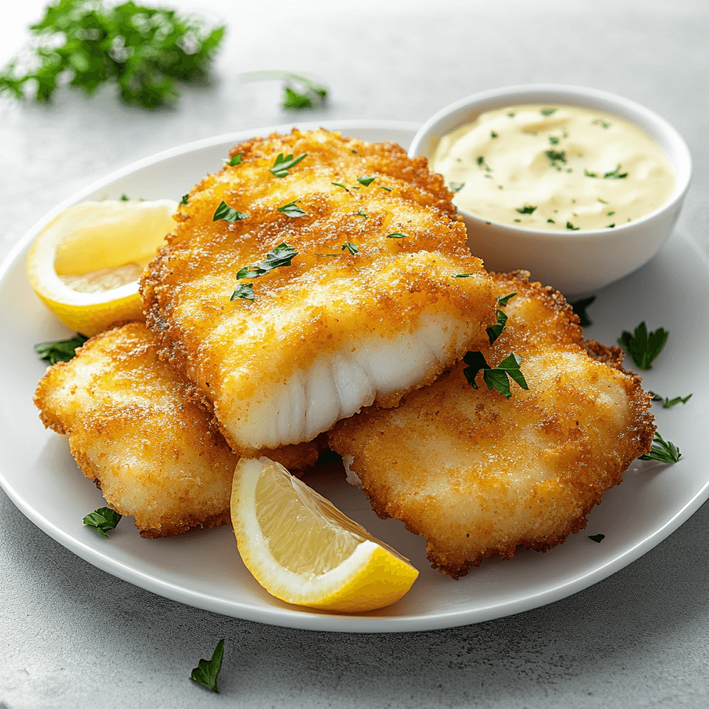 A perfectly fried cod fish fillet with a golden, crispy crust, served on a white plate, garnished with fresh parsley, lemon wedges, and a small bowl of tangy dipping sauce.