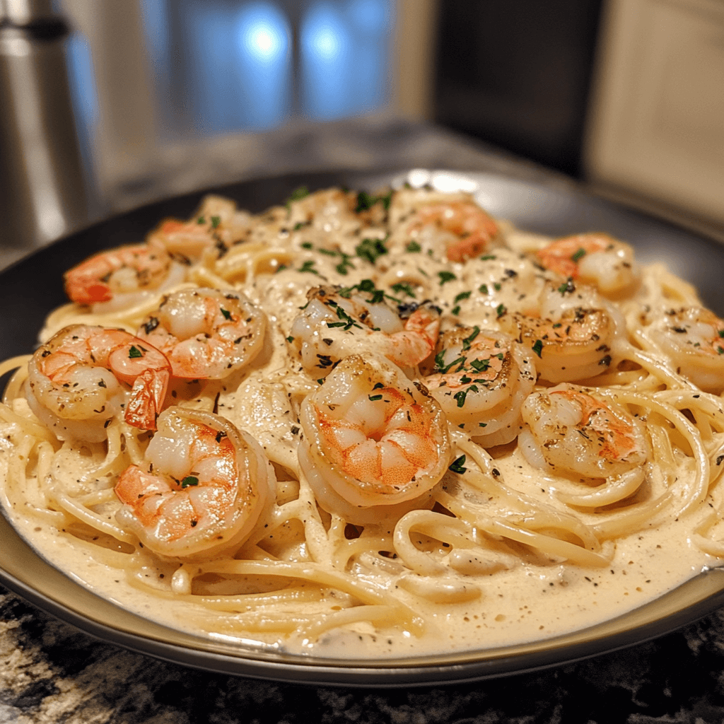 A bowl of creamy shrimp pasta served on a rustic wooden table. The dish features pasta coated in a rich cream sauce, topped with perfectly cooked shrimp, grated Parmesan cheese, and fresh parsley. A fork rests beside the bowl, with a lemon wedge nearby for added zest. Natural light highlights the creamy texture and vibrant colors of the dish.
