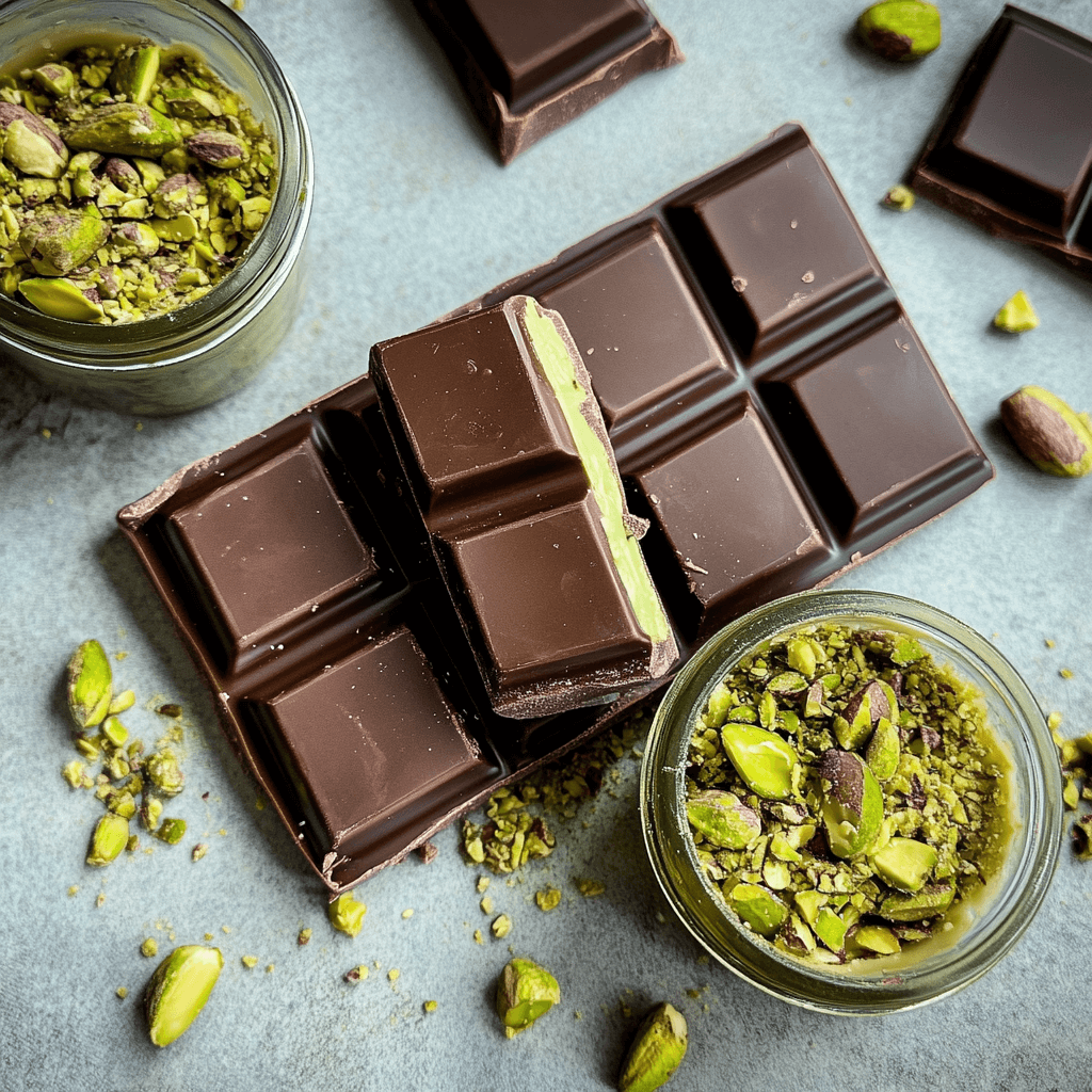 A luxurious chocolate bar inspired by Dubai, featuring a glossy surface, vibrant green pistachios, creamy layers, and elegant garnishes like edible gold flakes, displayed in a modern and sophisticated setting with soft lighting highlighting its textures and colors.