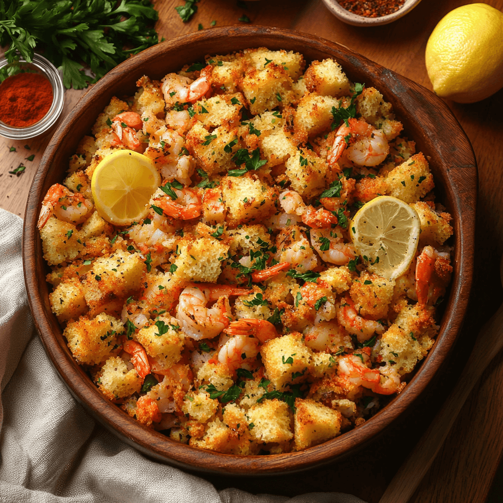 A golden-brown seafood stuffing dish featuring chunks of crabmeat, shrimp, and cornbread, garnished with fresh parsley and lemon slices, served on a rustic wooden table with warm lighting.