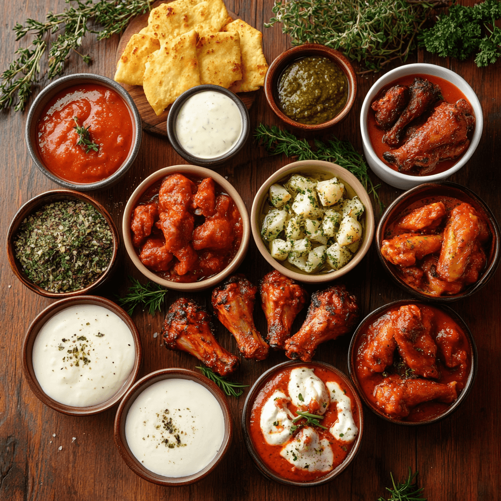 A delicious assortment of garlic sauce variations displayed alongside their complementary dishes. The image includes creamy garlic sauces, herb-infused sauces, and rich red tomato-based options paired with crispy wings, roasted potatoes, and fresh herbs. Perfectly set on a rustic wooden table, the arrangement is vibrant and appetizing.