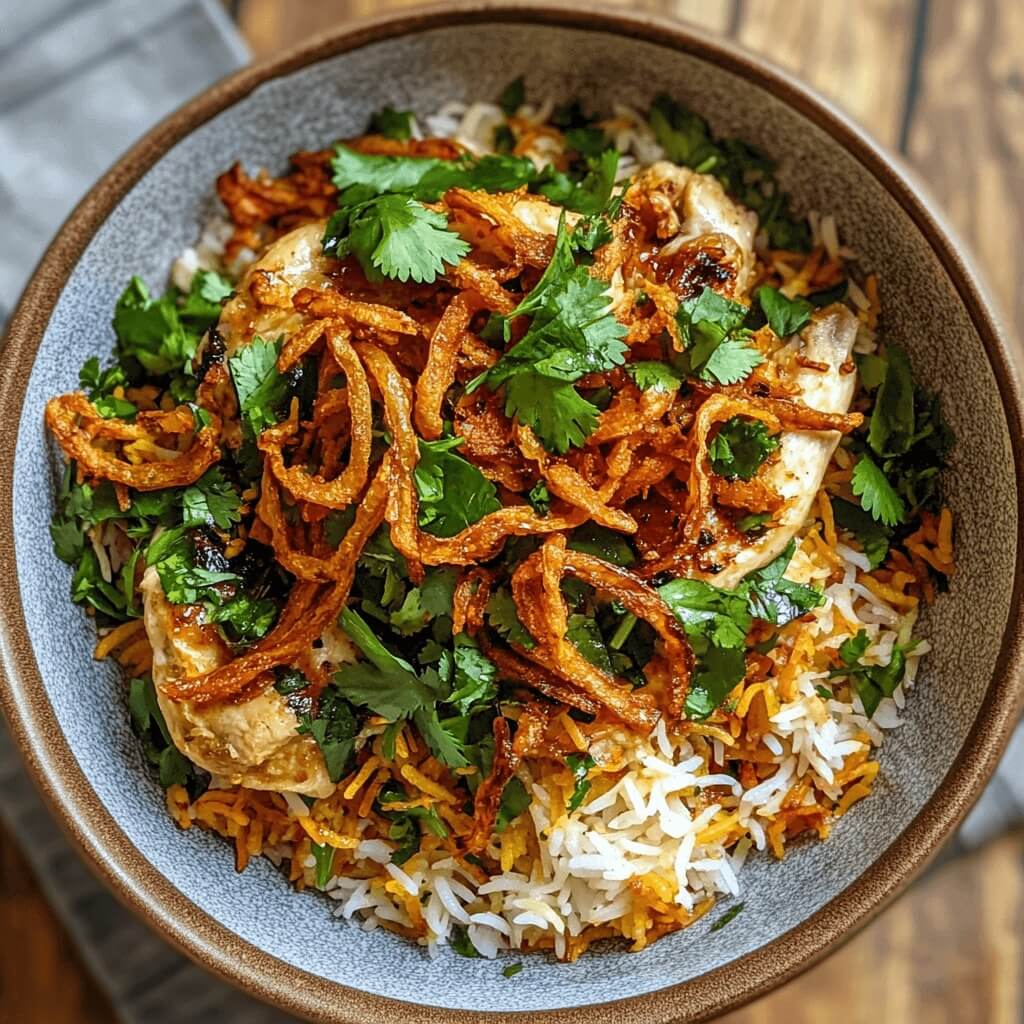 Fragrant biryani with aromatic spices, tender chicken or vegetables, garnished with cilantro and fried onions, served with a side of raita.