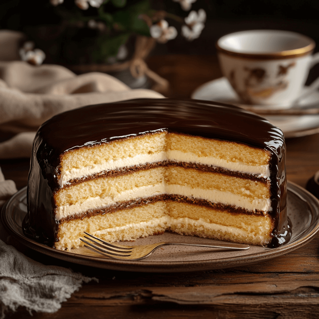 A close-up of a Boston cream cake with soft vanilla sponge layers, creamy filling, and a glossy chocolate ganache topping, served on a rustic wooden table.