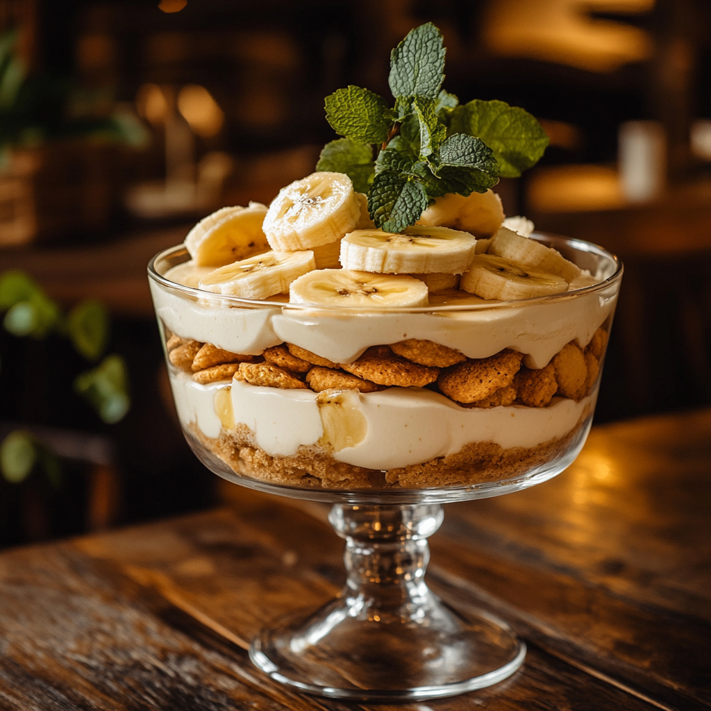 A beautifully presented Magnolia banana pudding in an elegant glass dish, featuring layers of creamy vanilla pudding, fresh banana slices, and golden wafer cookies, set on a rustic wooden table with soft natural lighting and a cozy kitchen backdrop.