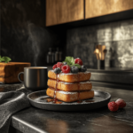 Golden-brown French brioche French toast slices topped with powdered sugar, fresh berries, and a drizzle of maple syrup, served on a rustic plate with a cup of steaming coffee in the background.