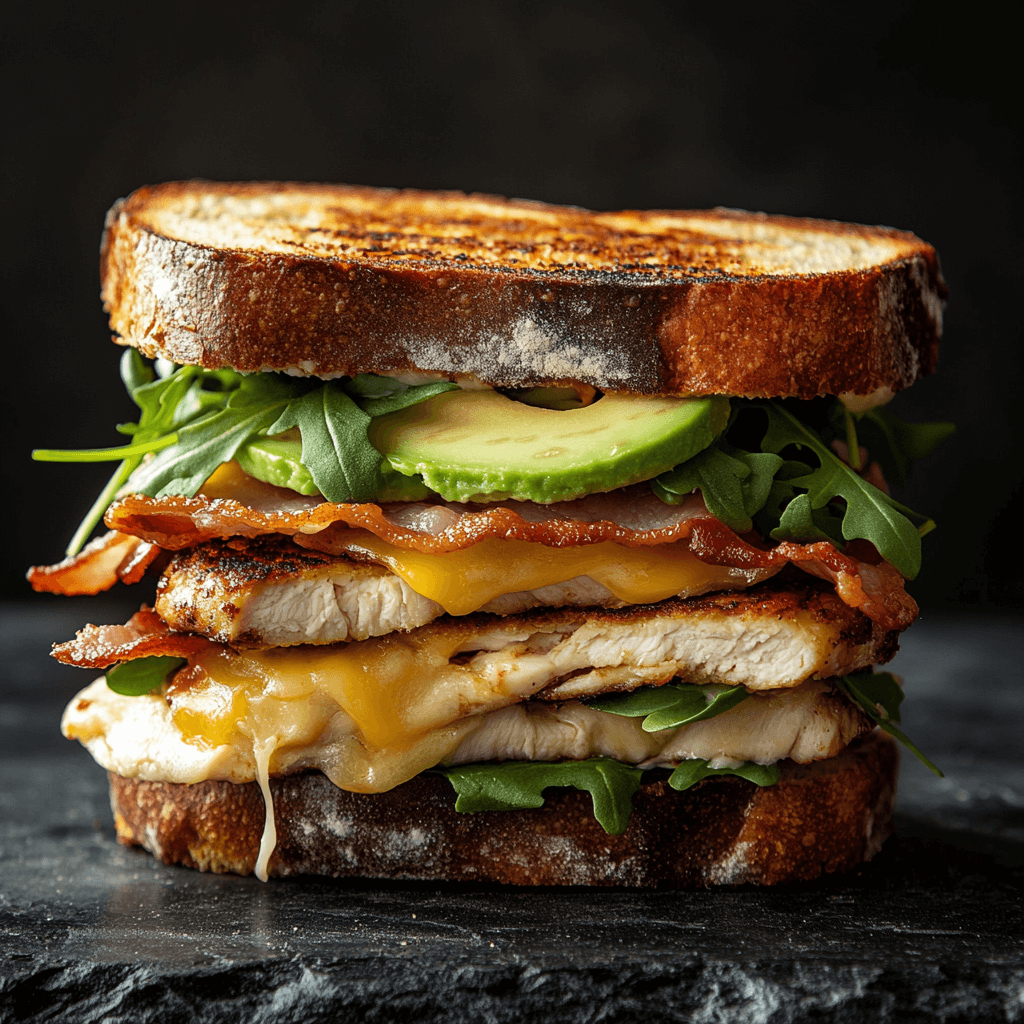 A close-up of a golden, toasted Chicken Avocado Melt Sandwich with layers of tender grilled chicken, creamy avocado slices, melted cheese, and crisp lettuce, served with a side of fresh mixed greens.