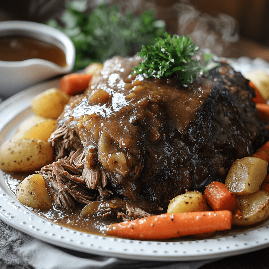 A tender chuck roast served with rich, glossy gravy, surrounded by roasted carrots, potatoes, and celery on a rustic wooden table, with steam rising and a warm, golden ambiance.