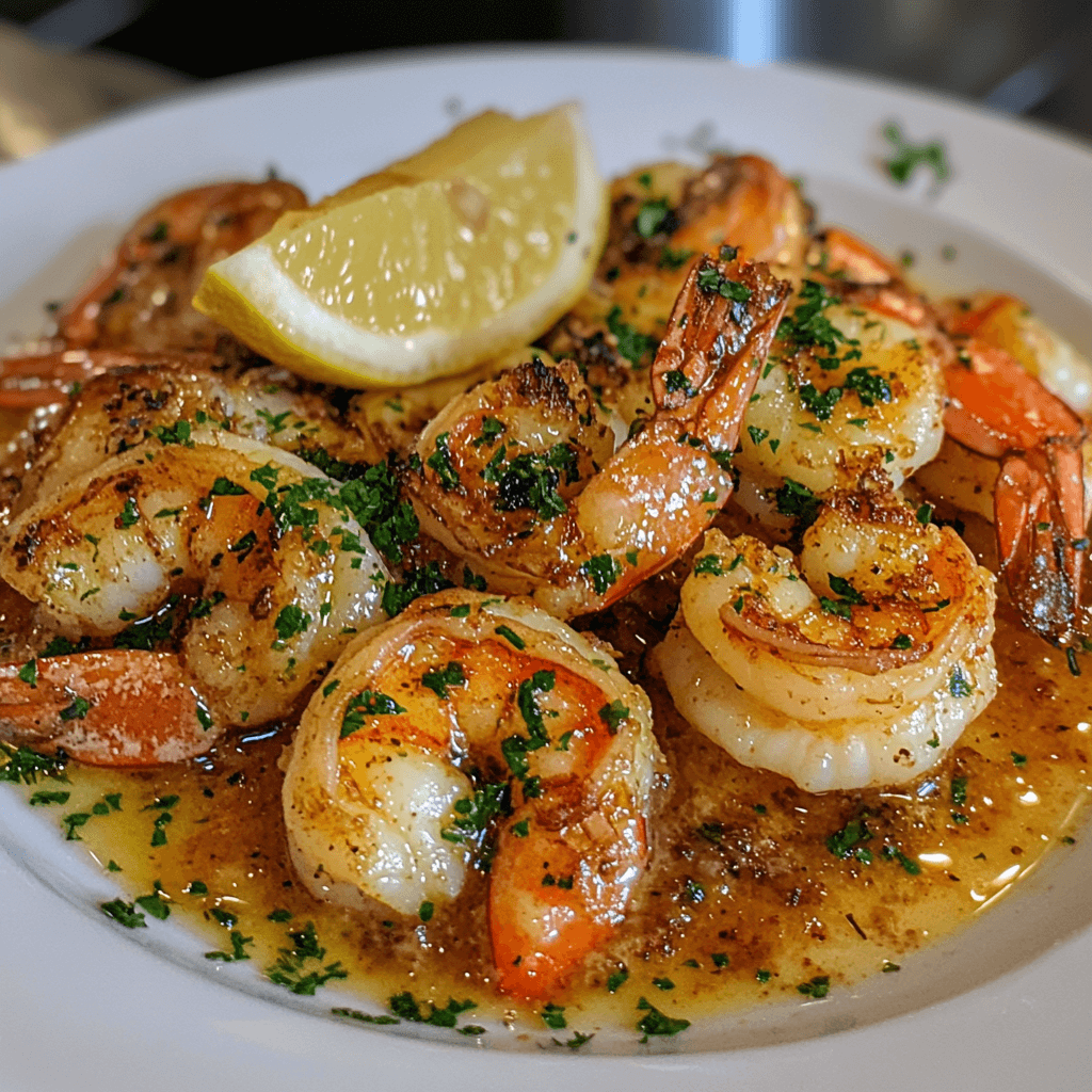A plate of buttery garlic shrimp served with a rich garlic butter sauce, garnished with fresh parsley and a lemon wedge, elegantly presented on a white plate.