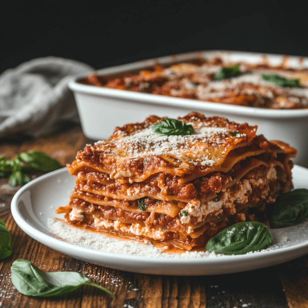 Close-up of a hearty slice of Barilla lasagna, with layers of pasta, rich marinara sauce, melted cheese, and ground meat, served on a white plate. The lasagna is garnished with fresh basil leaves.