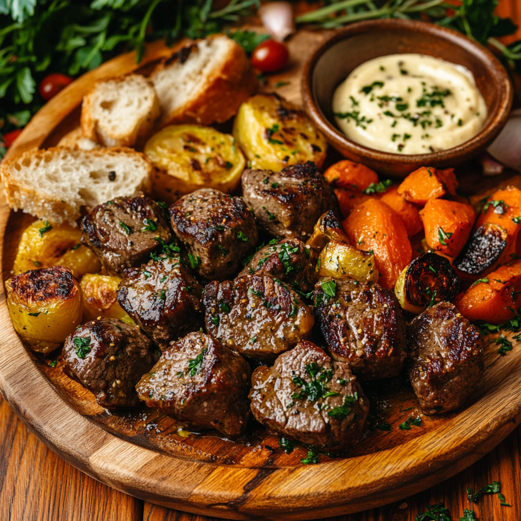 A rustic plate of garlic butter steak bites served on a wooden table, featuring perfectly seared steak pieces glistening in garlic butter sauce, garnished with fresh parsley. The dish is accompanied by roasted vegetables, a small bowl of creamy garlic butter sauce, and a slice of artisan bread, creating a cozy and inviting presentation.