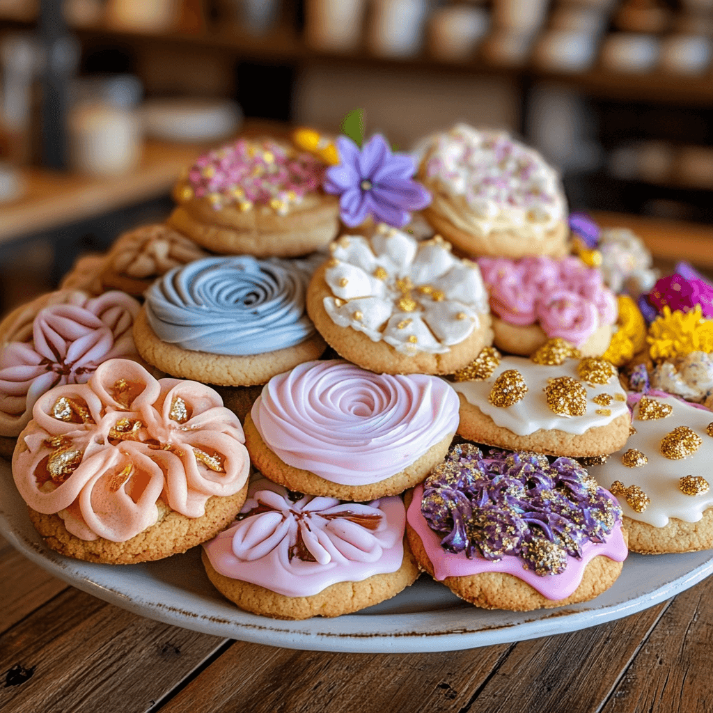 A vibrant assortment of unique cookies on an elegant platter, featuring intricate designs, diverse shapes, and colorful decorations, placed on a rustic wooden table with a cozy kitchen backdrop.