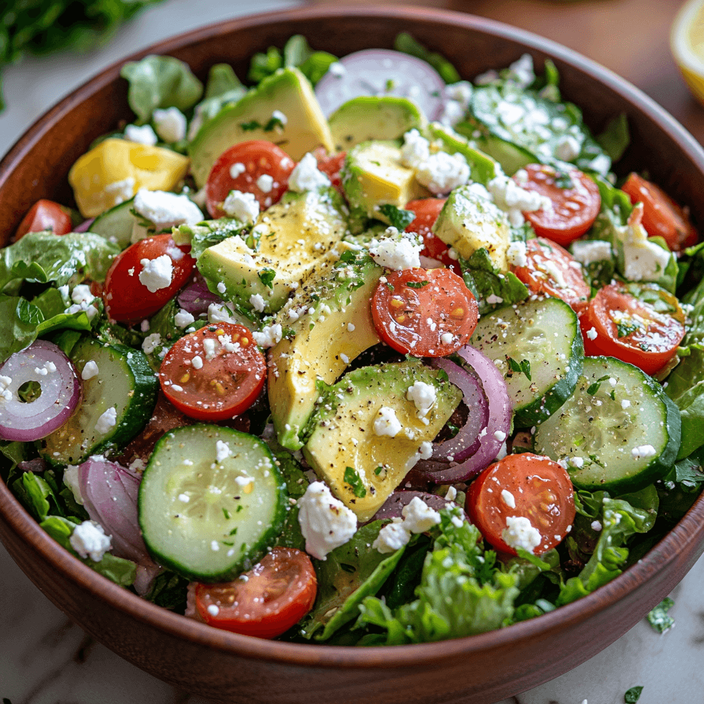 Vibrant mixed greens salad with creamy avocado slices, halved cherry tomatoes, cucumber rounds, red onion, and a drizzle of lemon vinaigrette, topped with feta cheese.